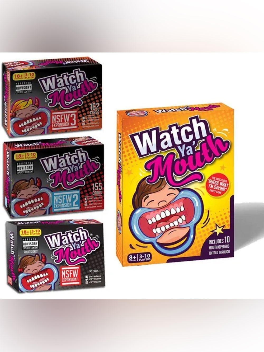 Watch Ya’ Mouth Mouthguard Party Game + 3 NSFW Expansion Packs - NEW / SEALED